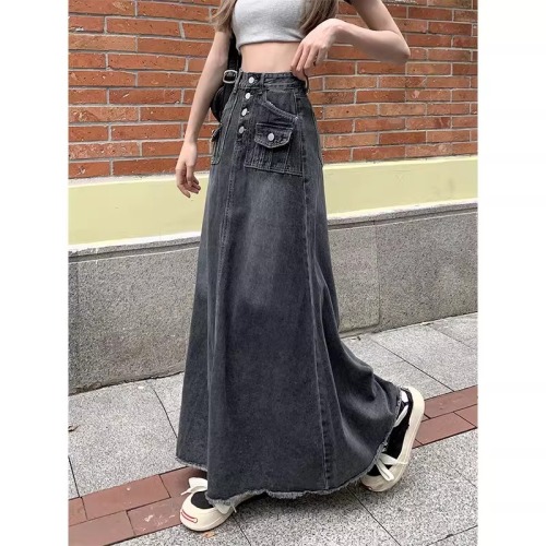 2024 Spring and Summer Retro Denim Skirt with Raw Edges for Women Plus Size Fat MM High Waist A-Line Mid-Length Hip Skirt