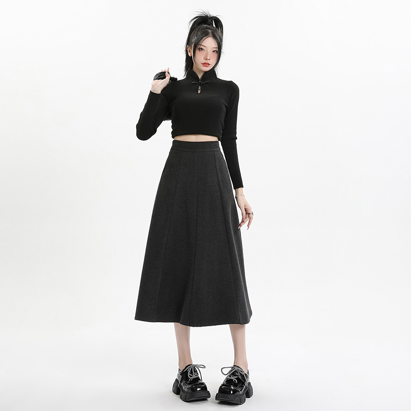 實拍2024早春高腰毛呢中長裙女顯瘦A字鬆緊腰半身傘裙