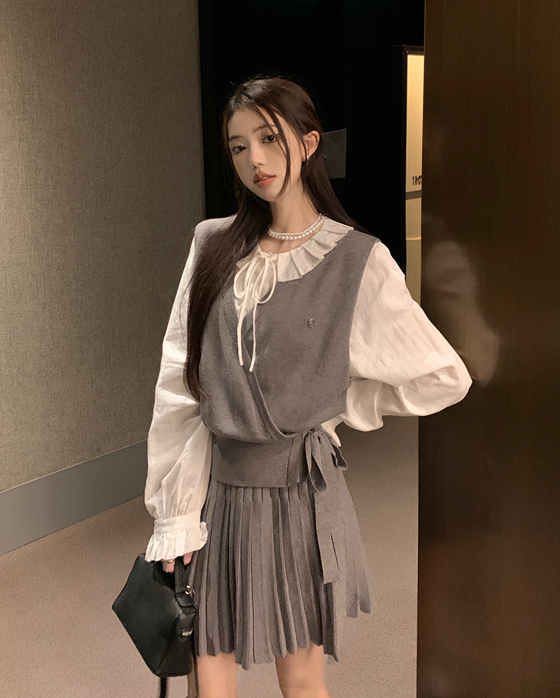 實拍 木耳邊立領襯衫高腰條紋百褶短裙疊穿針織馬甲三件套