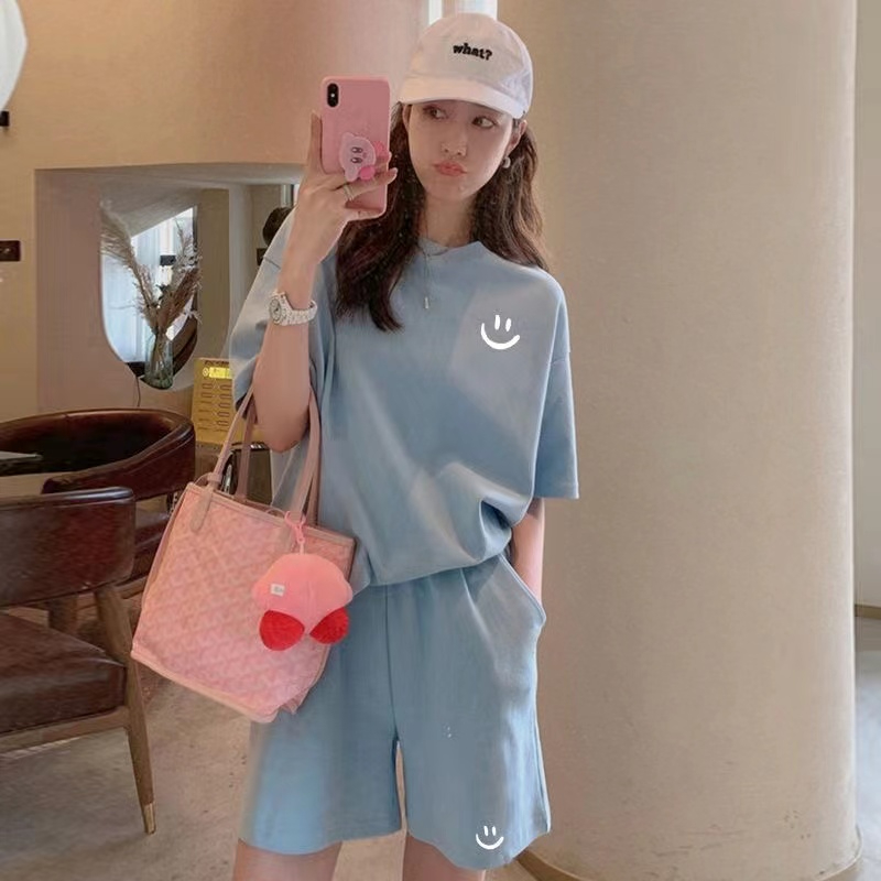 2024新款夏季寬鬆時尚顯白短袖短褲兩件套休閒運動套裝女