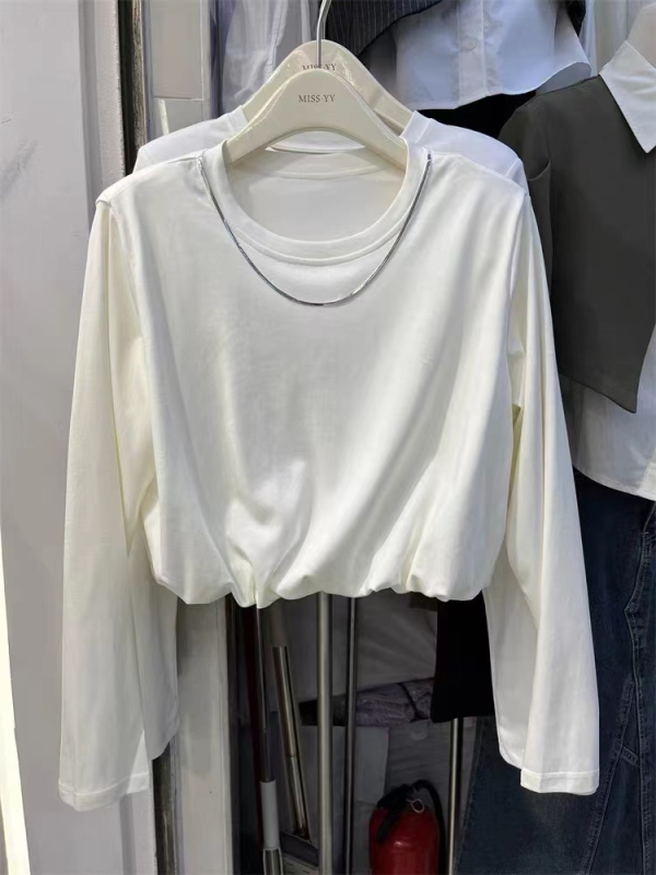 95 cotton + shoulder pad hot girl hem smocked waist chain long-sleeved T-shirt women's early spring versatile loose top trendy