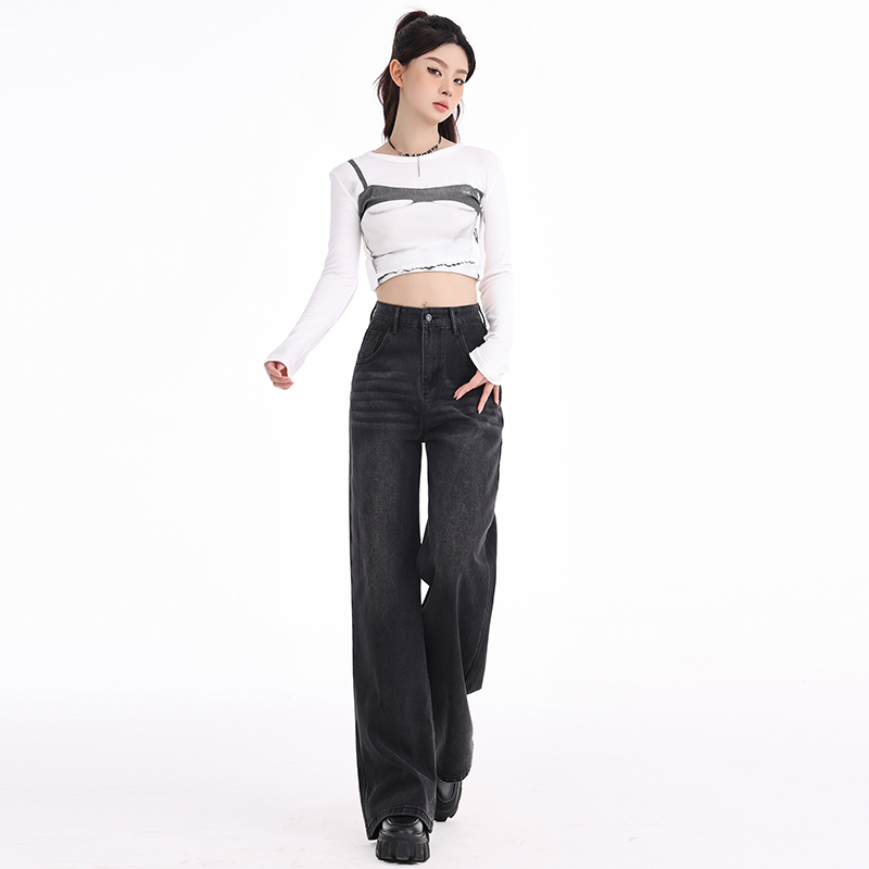 實拍2024早春高腰闊腿牛仔褲女寬鬆新款美式垂感顯瘦直筒褲子