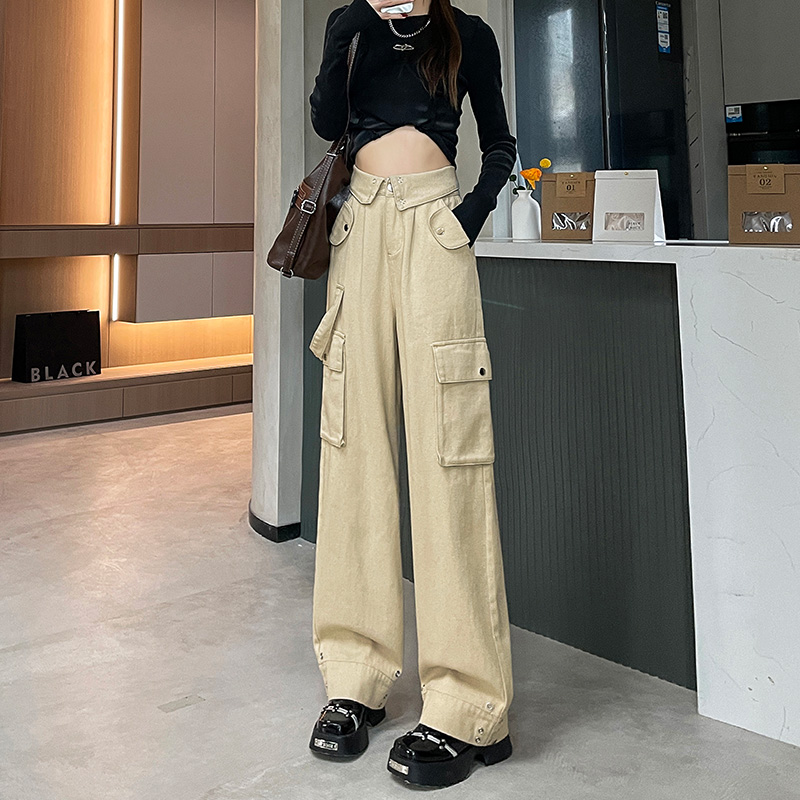 實拍2024早春時尚潮流高腰闊腿直筒工裝美式復古牛仔褲女
