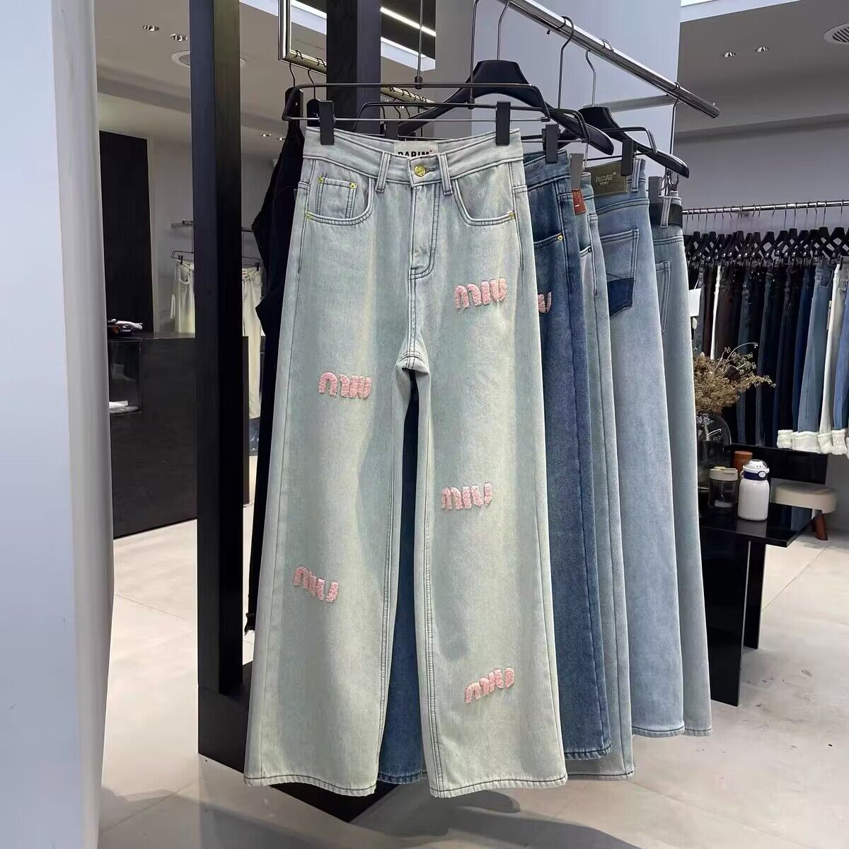 Korean style light blue letter embroidered embroidered plus velvet high waist straight loose slimming wide leg denim trousers for women