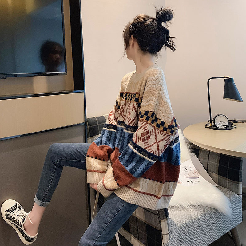 日系高級感毛衣女秋冬外穿復古慵懶風氣質針織衫撞色寬鬆套頭上衣