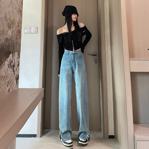 Real shot of gauze soft denim spring style loose straight drape slit jeans slim and versatile for small and tall people