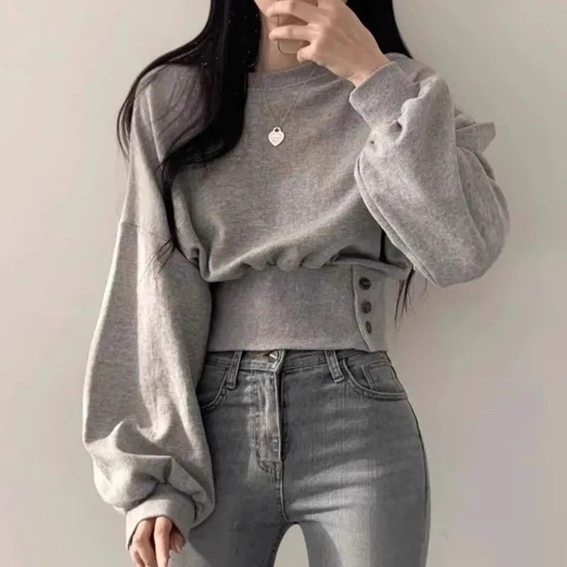 Fish scale cloth#Autumn niche design round neck waist top slimming long sleeve short pullover solid color sweatshirt for women