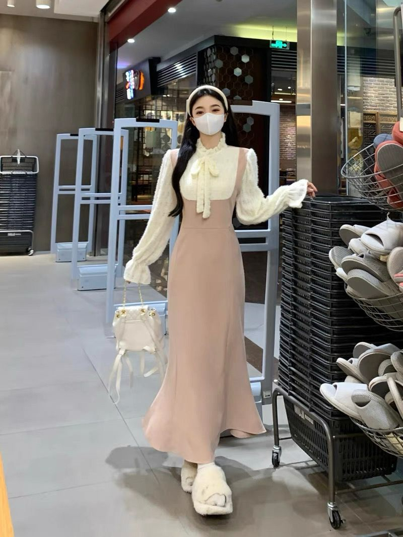 大碼溫柔風法式蕾絲拼接連衣裙女胖mm顯瘦遮肉洋氣假兩件魚尾長裙