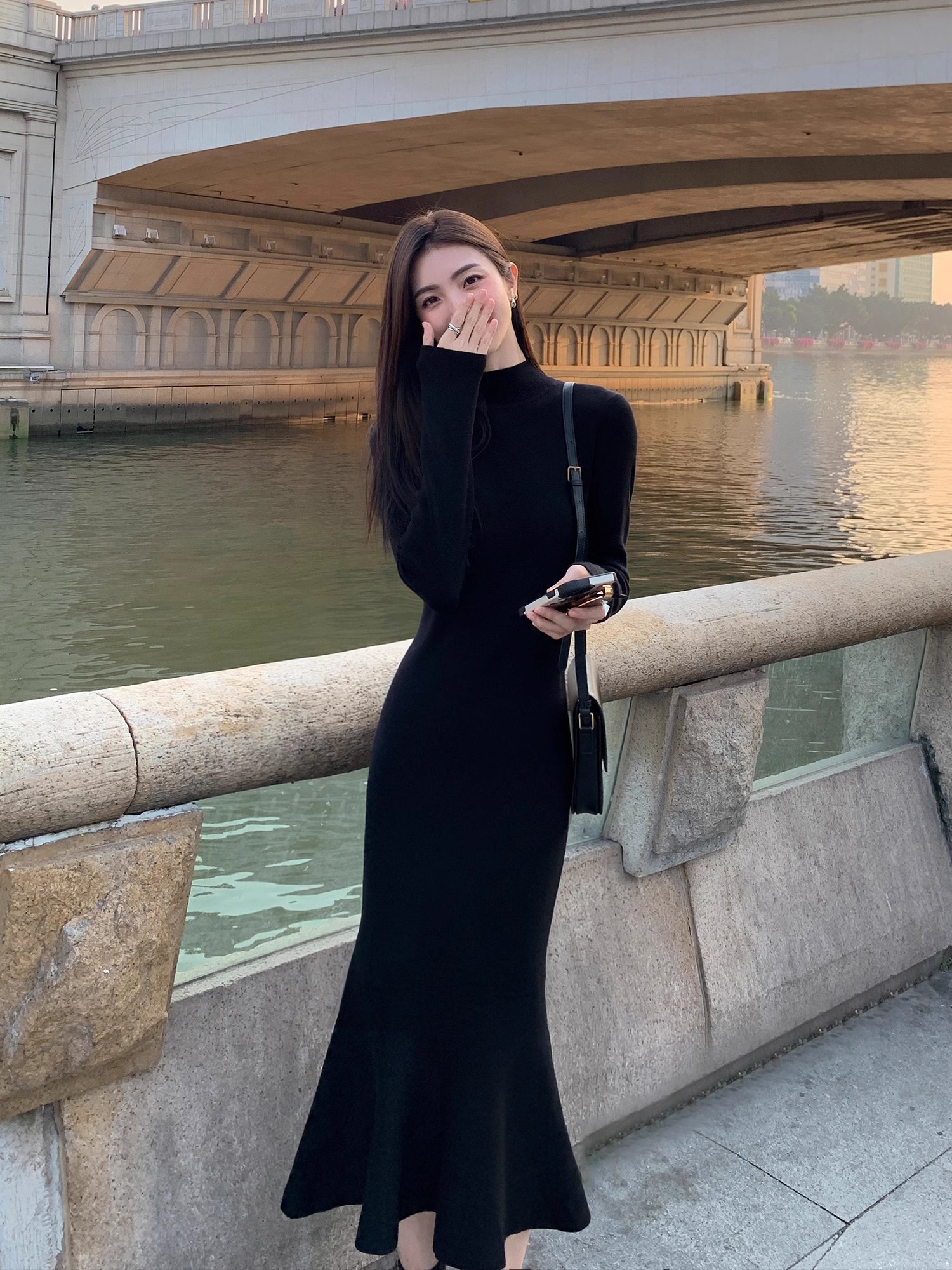 Black knitted dress with coat, long skirt for women, autumn and winter temperament, fishtail skirt, half turtleneck, bottoming, slimming skirt