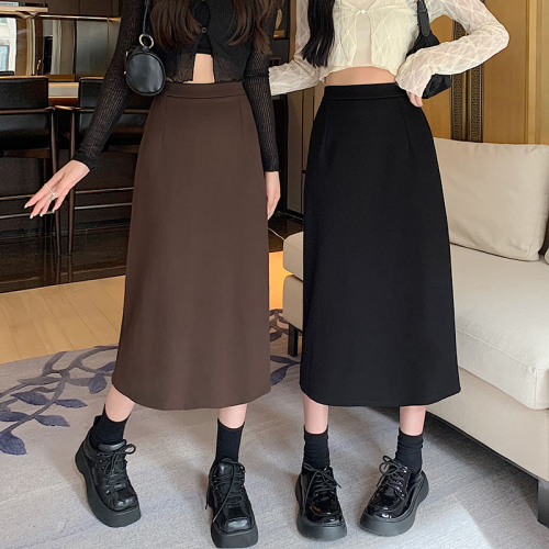 High-quality fabric autumn and winter woolen high-waisted skirt for women, versatile back slit, hip-covering A-line mid-length skirt