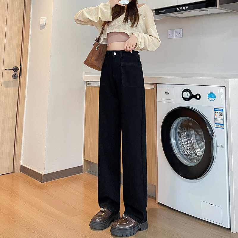 實拍2024早春時尚潮流拼接直筒美式復古牛仔褲女