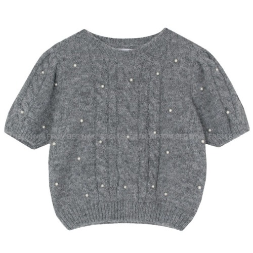 Beaded twist texture round neck short-sleeved sweater for women 2024 spring and autumn Korean version commuting versatile solid color pullover sweater