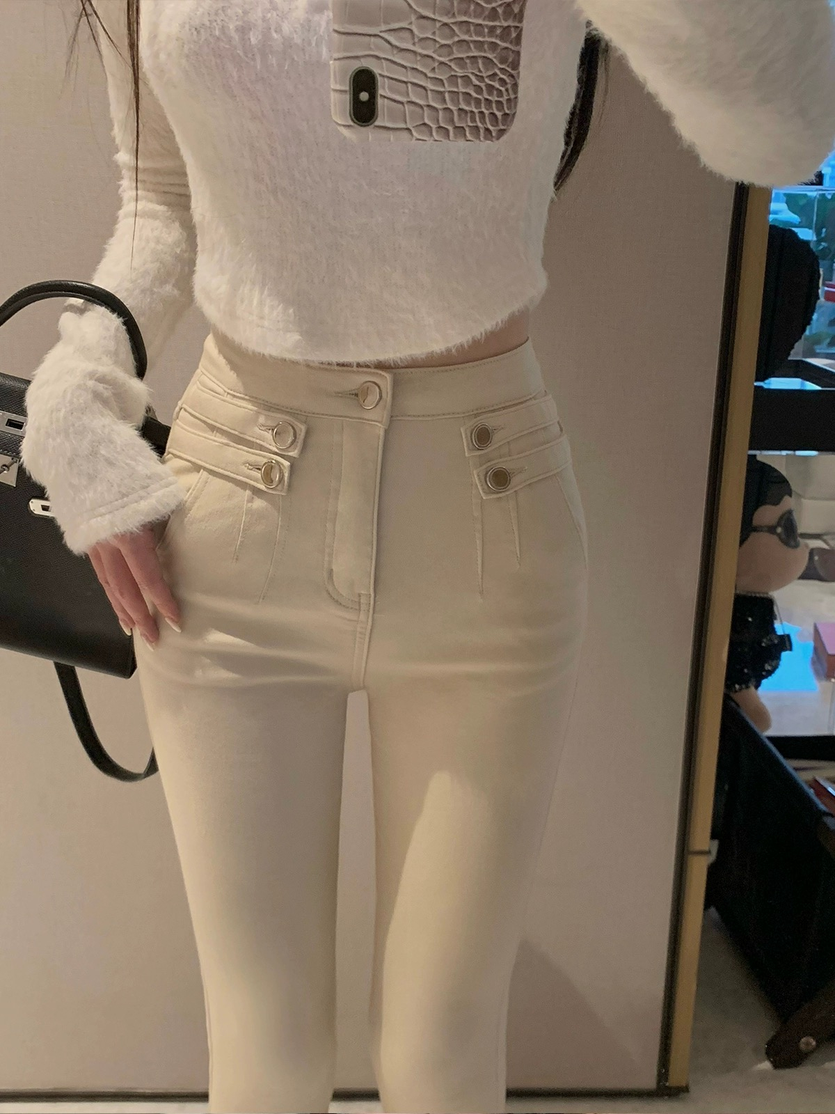 早安樊樊溫柔韓系高腰小腳褲扣袢裝飾牛仔褲女打底修身長褲