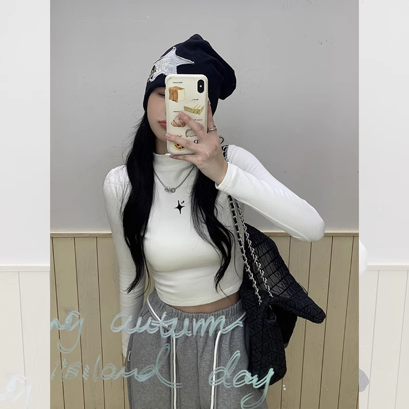 高彈羅紋德絨 半高領白色打底衫女秋冬內搭修身長袖t恤