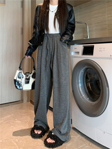 Real shot~Spring style soft and waxy casual pants, elastic high waist, loose and versatile, slimming drawstring walking pants