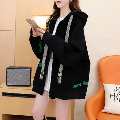 280g twill autumn thin hooded sweatshirt loose mid-length casual jacket for women