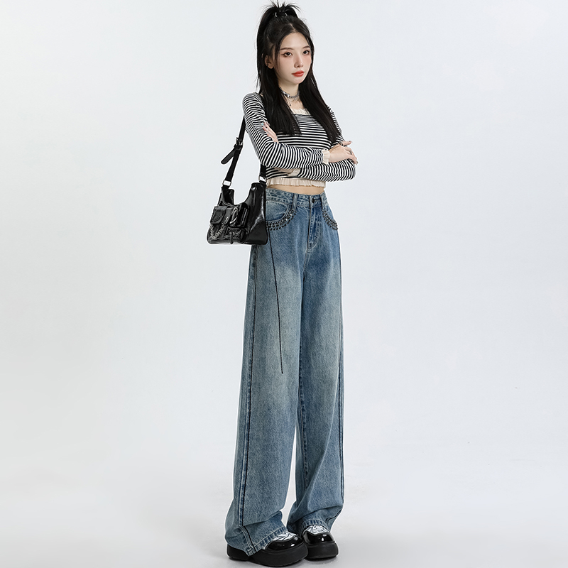 實拍2024早春工藝釘珠闊腿褲拖地褲長褲加長褲牛仔褲女