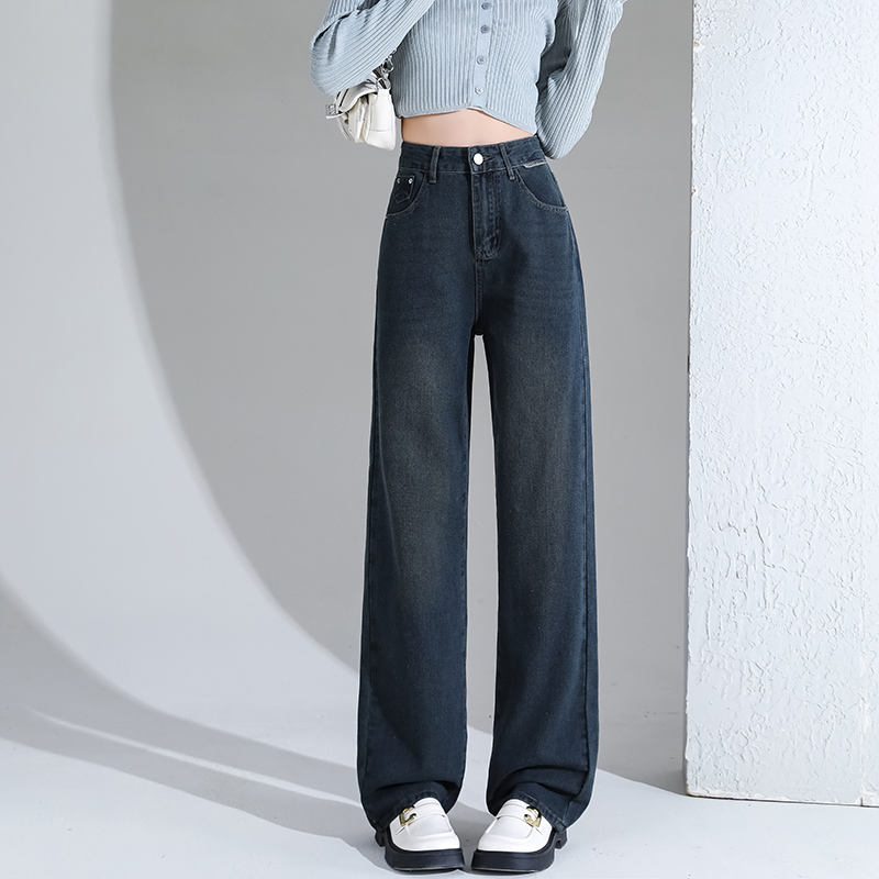 實拍2024早春高腰直筒闊腿潮流拼復古牛仔褲女