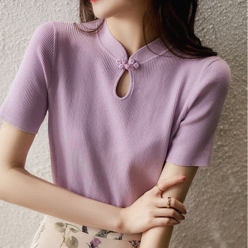 2024 Spring and Summer New Ice Silk Sweater Women's Improved Cheongsam Button Chinese Style Retro Short-Sleeved T-Shirt Tops Women