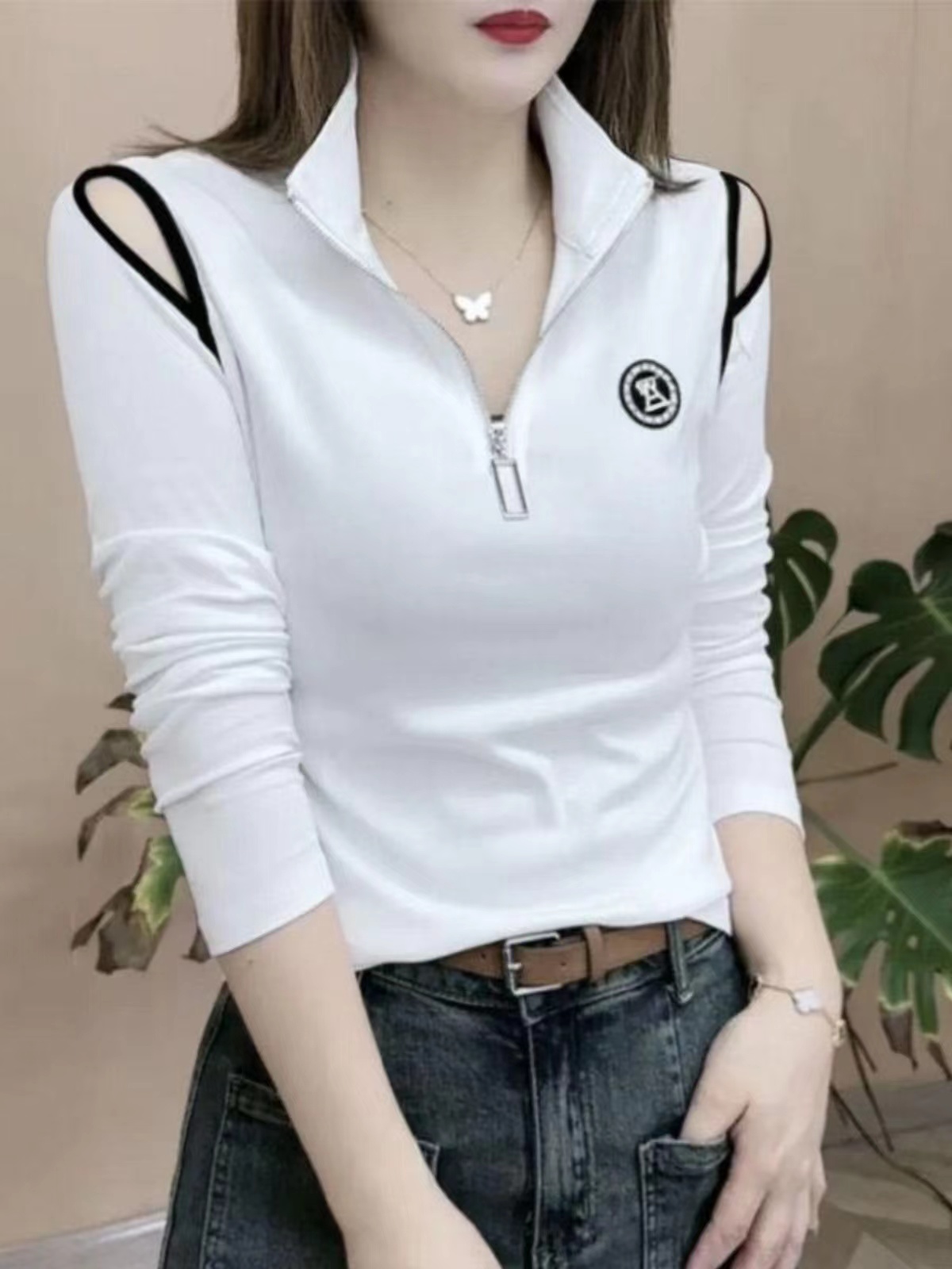 2024 spring new arrival slim, fashionable and casual half-zip versatile half-turtle collar off-shoulder bottoming simple long-sleeved top