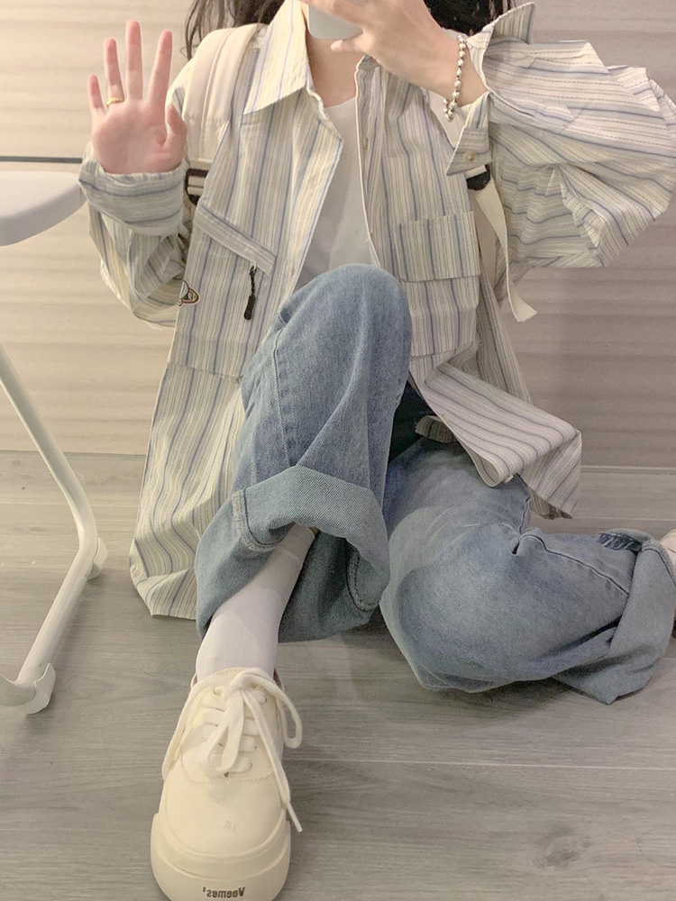 Blue Striped Shirt Women 2024 Autumn Thin Niche Sun Protection Shirt Jacket Long Sleeve Chic Top