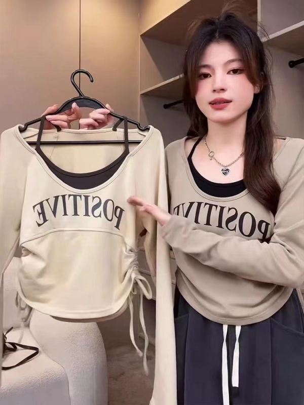 95 cotton large size fake two-piece drawstring letter printed long-sleeved T-shirt for fat girls niche tops for women