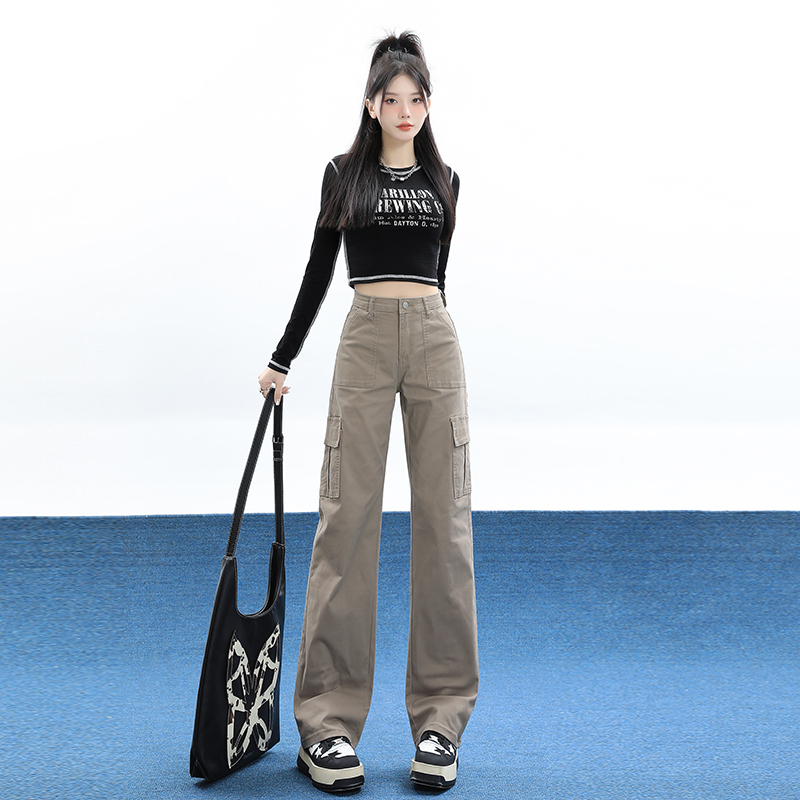 實拍2024早春直筒工裝褲牛仔女顯瘦闊腿褲美式復古休閒褲