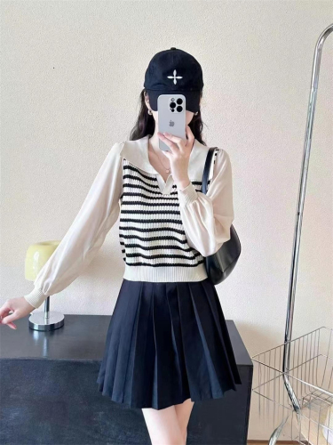 Polo collar striped patchwork long sleeved base sweater new Korean version versatile temperament sweet thin knit sweater
