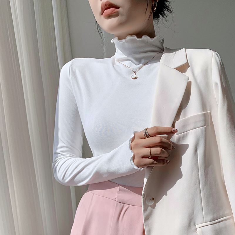 Real shot of facial mask T-shirt women's long-sleeved half turtleneck bottoming shirt with spring, autumn and winter modal basic style slim fit