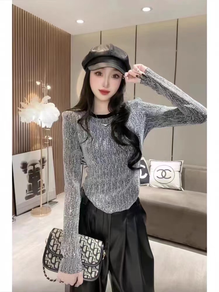 2024春秋款新款修身顯瘦重工燙鑽洋氣打底衫女長袖不規則小眾t恤