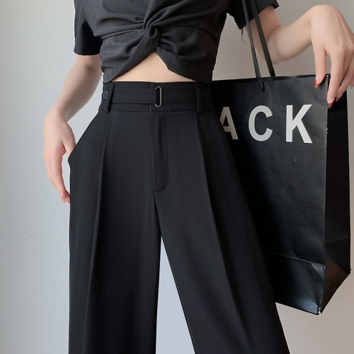 Black ice silk wide-leg pants for women in spring and summer, small high-waist suit pants, slim narrow straight-leg pants, drapey casual pants