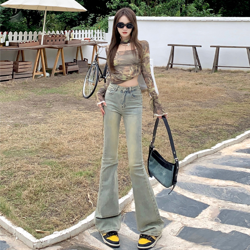 實拍2024早春高腰修身微喇美式復古牛仔褲女