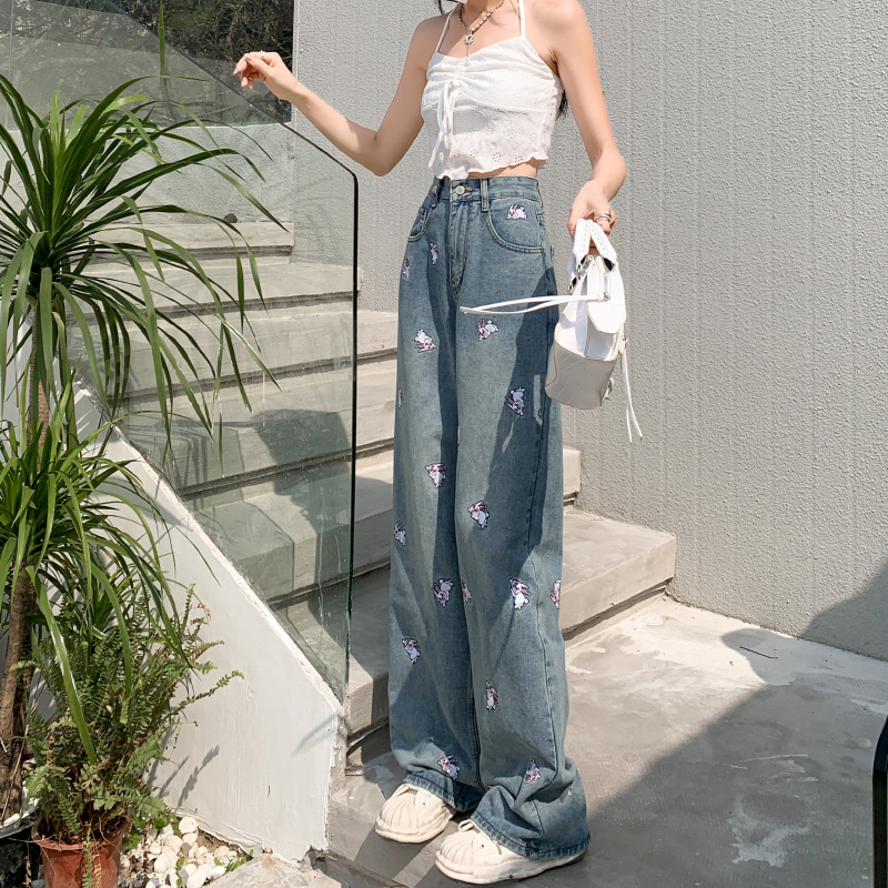 實拍2024早春闊腿牛仔褲女窄版刺繡直筒寬鬆顯瘦垂感拖地褲