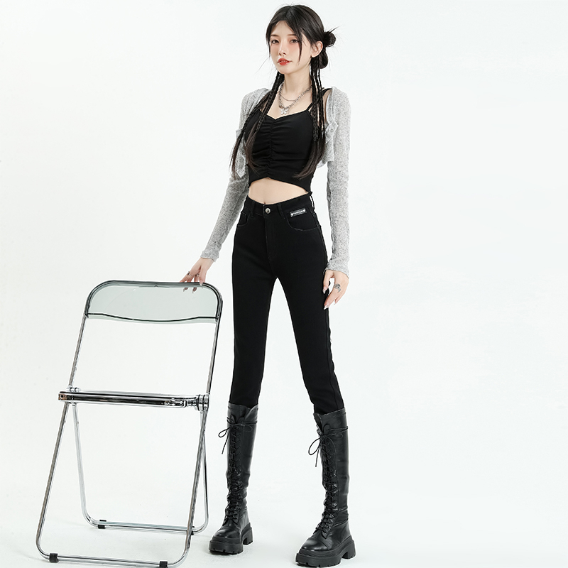 實拍2024早春高腰牛仔褲女韓版小腳褲高腰百搭配靴鉛筆褲