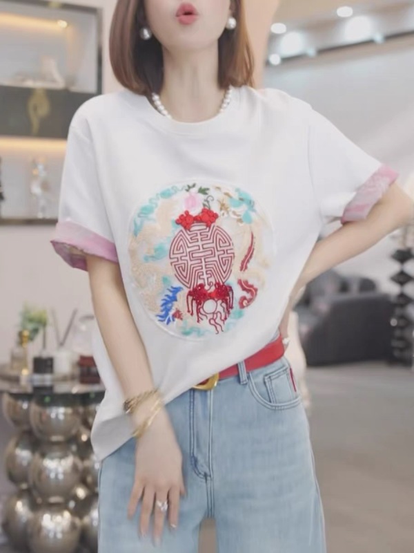 重工提花刺繡短袖t恤女早春新中式國風打底衫2024新款高級感上衣