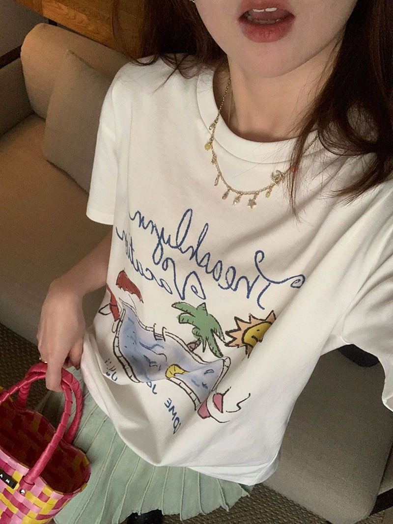 2024夏季新款韓版220克精梳純棉後包領有縫邊S-XXXL夏裝短袖T恤女
