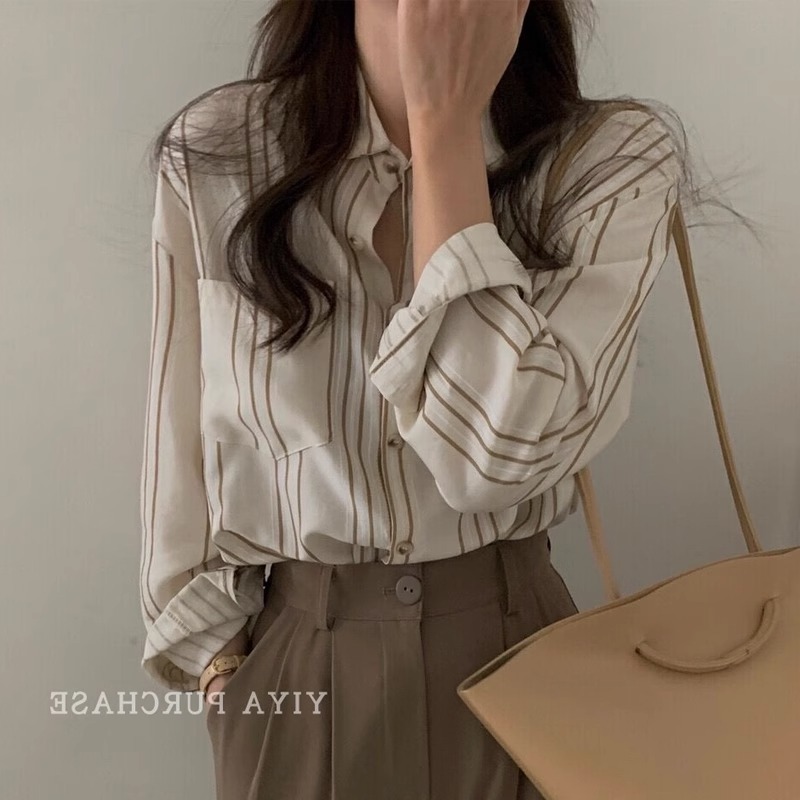 South Korea's Dongdaemun spring new niche style vertical striped loose long-sleeved shirt tops for women