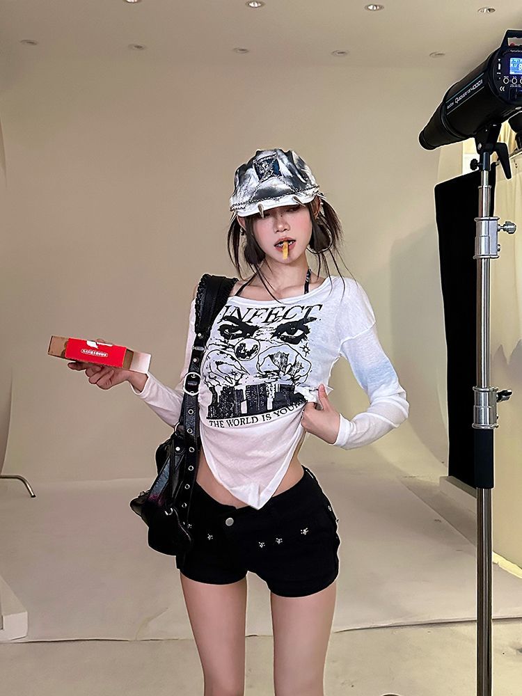 美式時尚個性復古辣妹露肩上衣女早春設計感百搭潮牌印花長袖T恤