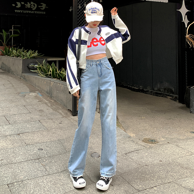 實拍2024早春毛邊闊腿牛仔褲子女顯瘦復古寬鬆直筒拖地褲