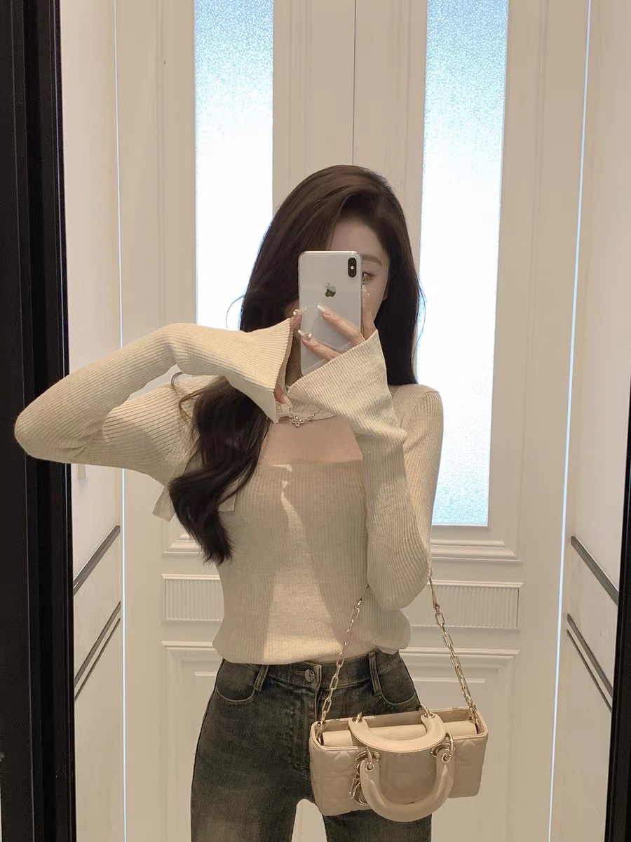 JustQin Heartbeat Hunter Autumn/Winter New Bow Mesh Bottom Layered with Wool Knitted Top for Women