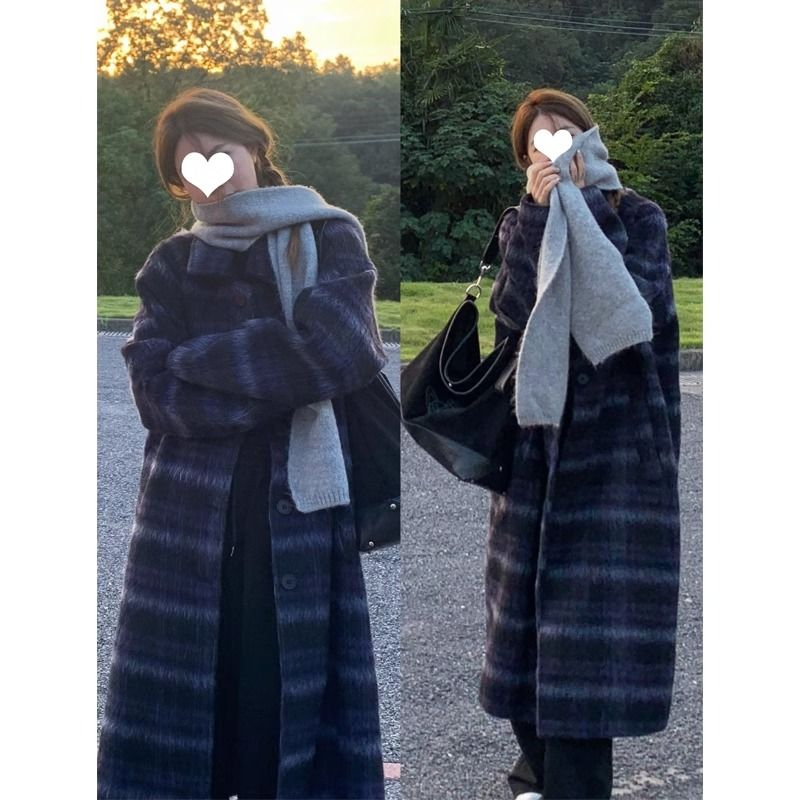 Women's spring and autumn Korean style over-knee coat with retro temperament and design sense woolen coat mid-length loose plaid commuting