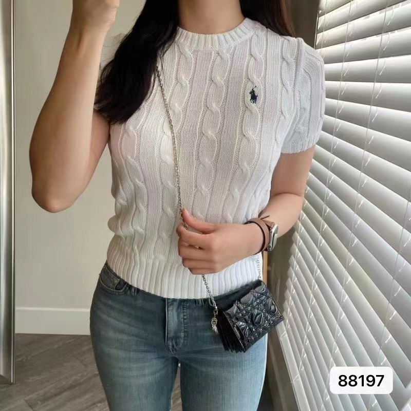 Embroidered pony twist short-sleeved sweater top for women round neck T-shirt college style cable tie slim bottoming top