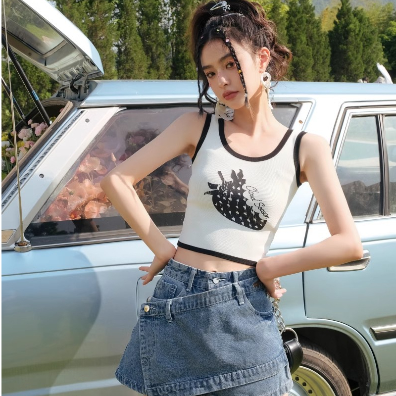 American sweet hottie slim fit short navel-baring vest for women 2024 spring new style inner letter printed bottoming top