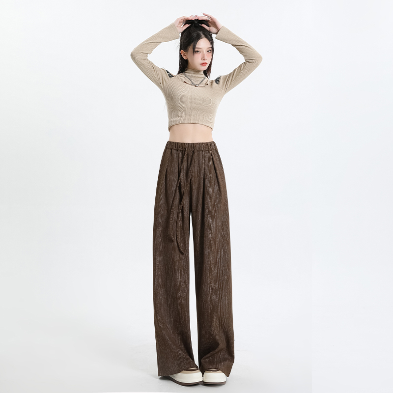 實拍2024早春新款豎紋休閒褲衛褲寬鬆顯瘦直筒闊腿褲女