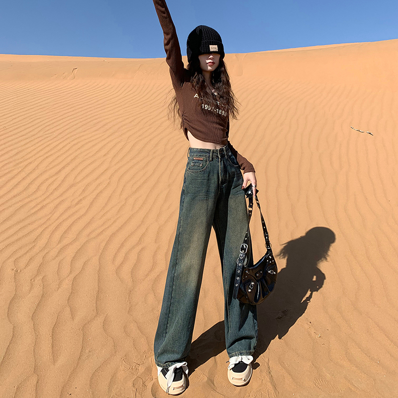 實拍202早春復古闊腿高腰牛仔褲女拖地寬鬆直筒褲子