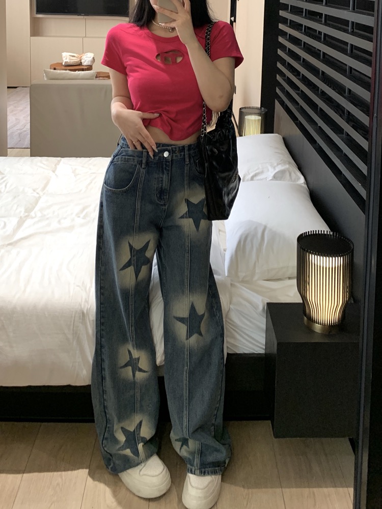 2024 spring and summer Korean style five-pointed star blue straight jeans high waist wide leg pants fat mm plus size women's clothing