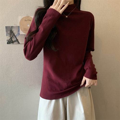 Actual shot~Versatile autumn and winter new style German velvet long-sleeved T-shirt white with small stand-up collar slim fit warm top