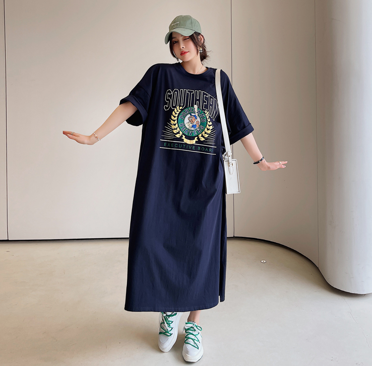 仿棉牛奶絲#韓版連衣裙夏季新款大碼寬鬆長款過膝胖mm孕婦睡裙女