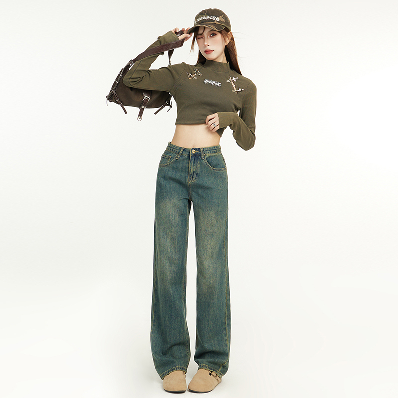 實拍2024早春復古設計感水洗紋直筒闊腿牛仔褲女