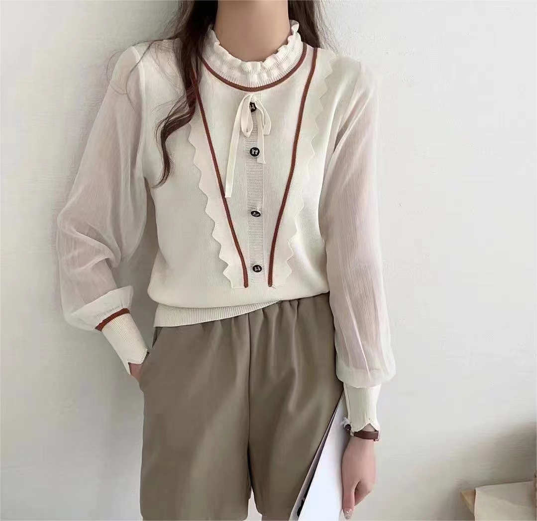 Spring and Autumn 2024 New Korean Style Fashion Half Turtle Collar Fungus Trimmed Chiffon Long Sleeve Top for Women